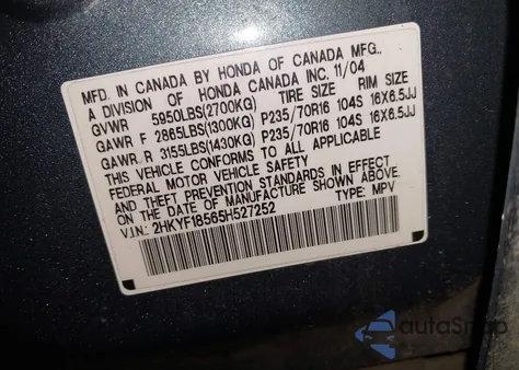 2005 Honda Pilot Ex-L из США, поврежденный, VIN 2HKYF18565H527252